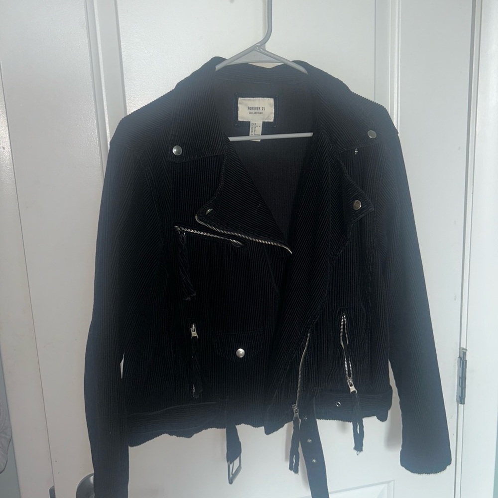 Forever 21 Black Corduroy Moto Jacket with Silver Hardware
